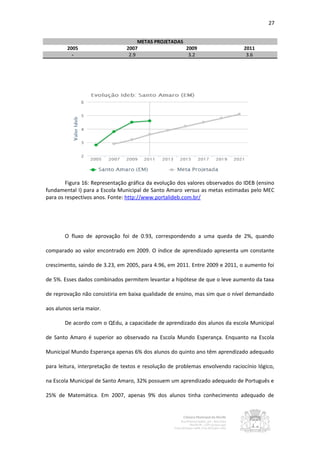 27


                                     METAS PROJETADAS
        2005                    2007                  2009                     2011
          -                      2.9                   3.2                      3.6




        Figura 16: Representação gráfica da evolução dos valores observados do IDEB (ensino
fundamental I) para a Escola Municipal de Santo Amaro versus as metas estimadas pelo MEC
para os respectivos anos. Fonte: http://www.portalideb.com.br/




       O fluxo de aprovação foi de 0.93, correspondendo a uma queda de 2%, quando

comparado ao valor encontrado em 2009. O índice de aprendizado apresenta um constante

crescimento, saindo de 3.23, em 2005, para 4.96, em 2011. Entre 2009 e 2011, o aumento foi

de 5%. Esses dados combinados permitem levantar a hipótese de que o leve aumento da taxa

de reprovação não consistiria em baixa qualidade de ensino, mas sim que o nível demandado

aos alunos seria maior.

       De acordo com o QEdu, a capacidade de aprendizado dos alunos da escola Municipal

de Santo Amaro é superior ao observado na Escola Mundo Esperança. Enquanto na Escola

Municipal Mundo Esperança apenas 6% dos alunos do quinto ano têm aprendizado adequado

para leitura, interpretação de textos e resolução de problemas envolvendo raciocínio lógico,

na Escola Municipal de Santo Amaro, 32% possuem um aprendizado adequado de Português e

25% de Matemática. Em 2007, apenas 9% dos alunos tinha conhecimento adequado de
 