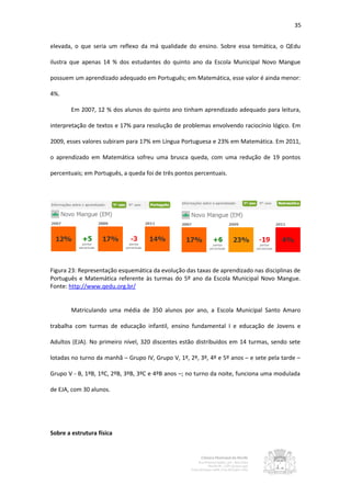 35


elevada, o que seria um reflexo da má qualidade do ensino. Sobre essa temática, o QEdu

ilustra que apenas 14 % dos estudantes do quinto ano da Escola Municipal Novo Mangue

possuem um aprendizado adequado em Português; em Matemática, esse valor é ainda menor:

4%.

        Em 2007, 12 % dos alunos do quinto ano tinham aprendizado adequado para leitura,

interpretação de textos e 17% para resolução de problemas envolvendo raciocínio lógico. Em

2009, esses valores subiram para 17% em Língua Portuguesa e 23% em Matemática. Em 2011,

o aprendizado em Matemática sofreu uma brusca queda, com uma redução de 19 pontos

percentuais; em Português, a queda foi de três pontos percentuais.




Figura 23: Representação esquemática da evolução das taxas de aprendizado nas disciplinas de
Português e Matemática referente às turmas do 5º ano da Escola Municipal Novo Mangue.
Fonte: http://www.qedu.org.br/


        Matriculando uma média de 350 alunos por ano, a Escola Municipal Santo Amaro

trabalha com turmas de educação infantil, ensino fundamental I e educação de Jovens e

Adultos (EJA). No primeiro nível, 320 discentes estão distribuídos em 14 turmas, sendo sete

lotadas no turno da manhã – Grupo IV, Grupo V, 1º, 2º, 3º, 4º e 5º anos – e sete pela tarde –

Grupo V - B, 1ºB, 1ºC, 2ºB, 3ºB, 3ºC e 4ºB anos –; no turno da noite, funciona uma modulada

de EJA, com 30 alunos.




Sobre a estrutura física
 