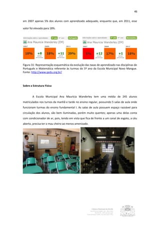 46


em 2007 apenas 5% dos alunos com aprendizado adequado, enquanto que, em 2011, esse

valor foi elevado para 18%.




Figura 31: Representação esquemática da evolução das taxas de aprendizado nas disciplinas de
Português e Matemática referente às turmas do 5º ano da Escola Municipal Novo Mangue.
Fonte: http://www.qedu.org.br/



Sobre a Estrutura Física


       A Escola Municipal Ana Maurícia Wanderley tem uma média de 245 alunos
matriculados nos turnos da manhã e tarde no ensino regular, possuindo 5 salas de aula onde
funcionam turmas do ensino fundamental I. As salas de aula possuem espaço razoável para
circulação dos alunos, são bem iluminadas, porém muito quentes; apenas uma delas conta
com condicionador de ar, pois, tendo em vista que fica de frente a um canal de esgoto, a céu
aberto, precisa ter o mau cheiro ao menos amenizado.
 