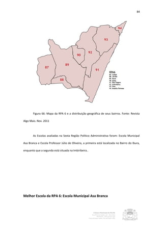 84




       Figura 66: Mapa da RPA 6 e a distribuição geográfica de seus bairros. Fonte: Revista

Algo Mais. Nov. 2011



       As Escolas avaliadas na Sexta Região Político Administrativa foram: Escola Municipal

Asa Branca e Escola Professor Júlio de Oliveira, a primeira está localizada no Bairro do Ibura,

enquanto que a segunda está situada na Imbiribeira..




Melhor Escola da RPA 6: Escola Municipal Asa Branca
 