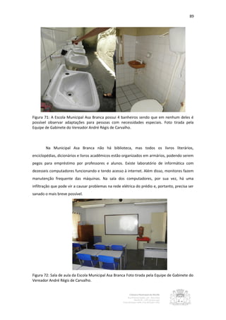 89




Figura 71: A Escola Municipal Asa Branca possui 4 banheiros sendo que em nenhum deles é
possível observar adaptações para pessoas com necessidades especiais. Foto tirada pela
Equipe de Gabinete do Vereador André Régis de Carvalho.



       Na Municipal Asa Branca não há biblioteca, mas todos os livros literários,
enciclopédias, dicionários e livros acadêmicos estão organizados em armários, podendo serem
pegos para empréstimo por professores e alunos. Existe laboratório de informática com
dezesseis computadores funcionando e tendo acesso à internet. Além disso, monitores fazem
manutenção frequente das máquinas. Na sala dos computadores, por sua vez, há uma
infiltração que pode vir a causar problemas na rede elétrica do prédio e, portanto, precisa ser
sanado o mais breve possível.




Figura 72: Sala de aula da Escola Municipal Asa Branca Foto tirada pela Equipe de Gabinete do
Vereador André Régis de Carvalho.
 