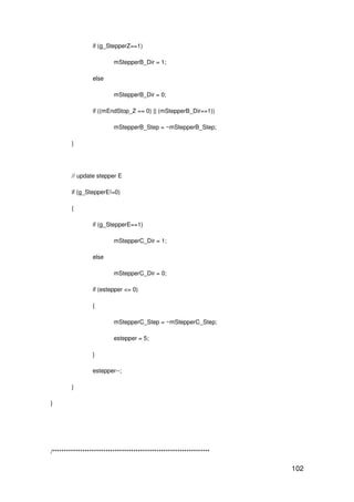 102
if (g_StepperZ==1)
mStepperB_Dir = 1;
else
mStepperB_Dir = 0;
if ((mEndStop_Z == 0) || (mStepperB_Dir==1))
mStepperB_Step = ~mStepperB_Step;
}
// update stepper E
if (g_StepperE!=0)
{
if (g_StepperE==1)
mStepperC_Dir = 1;
else
mStepperC_Dir = 0;
if (estepper <= 0)
{
mStepperC_Step = ~mStepperC_Step;
estepper = 5;
}
estepper--;
}
}
/********************************************************************
 