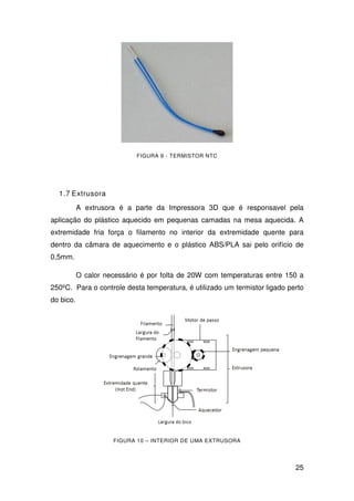 25
FIGURA 9 - TERMISTOR NTC
1.7 Extrusora
A extrusora é a parte da Impressora 3D que é responsavel pela
aplicação do plástico aquecido em pequenas camadas na mesa aquecida. A
extremidade fria força o filamento no interior da extremidade quente para
dentro da câmara de aquecimento e o plástico ABS/PLA sai pelo orifício de
0,5mm.
O calor necessário é por folta de 20W com temperaturas entre 150 a
250ºC. Para o controle desta temperatura, é utilizado um termistor ligado perto
do bico.
FIGURA 10 – INTERIOR DE UMA EXTRUSORA
 