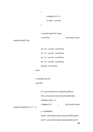 68
{
mStepperC_Dir = 0;
currentE = -currentE;
}
// calculate bresenham values
currentTicks = pCurrentCommand-
>Args.Extrude4D.Ticks;
dX = 2L * currentX - currentTicks;
dY = 2L * currentY - currentTicks;
dZ = 2L * currentZ - currentTicks;
dE = 2L * currentE - currentTicks;
ticksLeft = currentTicks;
break;
// controlled move 5D
case 0x63:
dxi = pCurrentCommand->Args.Extrude5D.dxi;
ddxi = pCurrentCommand->Args.Extrude5D.ddxi;
mStepperA_Step = 0;
mStepperA_Dir = (pCurrentCommand-
>Args.Extrude5D.dirs & 1) ? 1 : 0;
x = 0x40000000;
slopeX = pCurrentCommand->Args.Extrude5D.slopeX;
errorX = pCurrentCommand->Args.Extrude5D.errorX;
 
