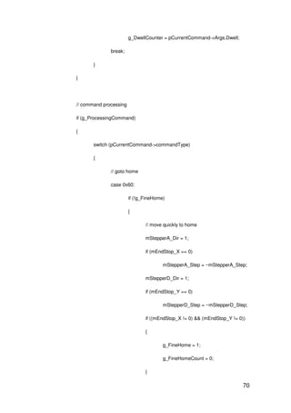 70
g_DwellCounter = pCurrentCommand->Args.Dwell;
break;
}
}
// command processing
if (g_ProcessingCommand)
{
switch (pCurrentCommand->commandType)
{
// goto home
case 0x60:
if (!g_FineHome)
{
// move quickly to home
mStepperA_Dir = 1;
if (mEndStop_X == 0)
mStepperA_Step = ~mStepperA_Step;
mStepperD_Dir = 1;
if (mEndStop_Y == 0)
mStepperD_Step = ~mStepperD_Step;
if ((mEndStop_X != 0) && (mEndStop_Y != 0))
{
g_FineHome = 1;
g_FineHomeCount = 0;
}
 