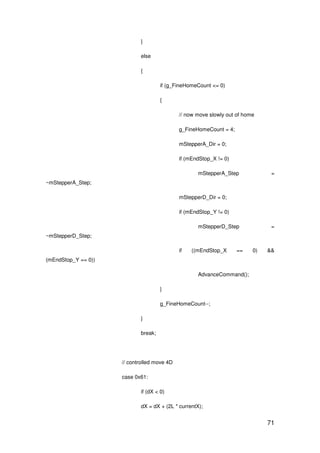 71
}
else
{
if (g_FineHomeCount <= 0)
{
// now move slowly out of home
g_FineHomeCount = 4;
mStepperA_Dir = 0;
if (mEndStop_X != 0)
mStepperA_Step =
~mStepperA_Step;
mStepperD_Dir = 0;
if (mEndStop_Y != 0)
mStepperD_Step =
~mStepperD_Step;
if ((mEndStop_X == 0) &&
(mEndStop_Y == 0))
AdvanceCommand();
}
g_FineHomeCount--;
}
break;
// controlled move 4D
case 0x61:
if (dX < 0)
dX = dX + (2L * currentX);
 