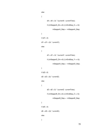 72
else
{
dX = dX + 2L * (currentX - currentTicks);
if ((mStepperA_Dir==0) || (mEndStop_X == 0))
mStepperA_Step = ~mStepperA_Step;
}
if (dY < 0)
dY = dY + (2L * currentY);
else
{
dY = dY + 2L * (currentY - currentTicks);
if ((mStepperD_Dir==0) || (mEndStop_Y == 0))
mStepperD_Step = ~mStepperD_Step;
}
if (dZ < 0)
dZ = dZ + (2L * currentZ);
else
{
dZ = dZ + 2L * (currentZ - currentTicks);
if ((mStepperB_Dir==0) || (mEndStop_Z == 0))
mStepperB_Step = ~mStepperB_Step;
}
if (dE < 0)
dE = dE + (2L * currentE);
else
{
 