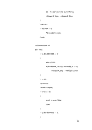 73
dE = dE + 2L * (currentE - currentTicks);
mStepperC_Step = ~mStepperC_Step;
}
ticksLeft--;
if (ticksLeft <= 0)
AdvanceCommand();
break;
// controlled move 5D
case 0x63:
if ((x & 0x80000000) != 0)
{
x &= 0x7fffffff;
if ((mStepperA_Dir==0) || (mEndStop_X == 0))
mStepperA_Step = ~mStepperA_Step;
}
x += dxi;
dxi += ddxi;
errorX += slopeX;
if (errorX >= 0)
{
errorX -= currentTicks;
dxi++;
}
if ((y & 0x80000000) != 0)
{
 