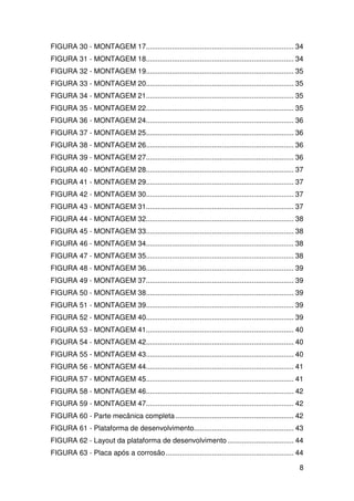 8
FIGURA 30 - MONTAGEM 17.......................................................................... 34
FIGURA 31 - MONTAGEM 18.......................................................................... 34
FIGURA 32 - MONTAGEM 19.......................................................................... 35
FIGURA 33 - MONTAGEM 20.......................................................................... 35
FIGURA 34 - MONTAGEM 21.......................................................................... 35
FIGURA 35 - MONTAGEM 22.......................................................................... 35
FIGURA 36 - MONTAGEM 24.......................................................................... 36
FIGURA 37 - MONTAGEM 25.......................................................................... 36
FIGURA 38 - MONTAGEM 26.......................................................................... 36
FIGURA 39 - MONTAGEM 27.......................................................................... 36
FIGURA 40 - MONTAGEM 28.......................................................................... 37
FIGURA 41 - MONTAGEM 29.......................................................................... 37
FIGURA 42 - MONTAGEM 30.......................................................................... 37
FIGURA 43 - MONTAGEM 31.......................................................................... 37
FIGURA 44 - MONTAGEM 32.......................................................................... 38
FIGURA 45 - MONTAGEM 33.......................................................................... 38
FIGURA 46 - MONTAGEM 34.......................................................................... 38
FIGURA 47 - MONTAGEM 35.......................................................................... 38
FIGURA 48 - MONTAGEM 36.......................................................................... 39
FIGURA 49 - MONTAGEM 37.......................................................................... 39
FIGURA 50 - MONTAGEM 38.......................................................................... 39
FIGURA 51 - MONTAGEM 39.......................................................................... 39
FIGURA 52 - MONTAGEM 40.......................................................................... 39
FIGURA 53 - MONTAGEM 41.......................................................................... 40
FIGURA 54 - MONTAGEM 42.......................................................................... 40
FIGURA 55 - MONTAGEM 43.......................................................................... 40
FIGURA 56 - MONTAGEM 44.......................................................................... 41
FIGURA 57 - MONTAGEM 45.......................................................................... 41
FIGURA 58 - MONTAGEM 46.......................................................................... 42
FIGURA 59 - MONTAGEM 47.......................................................................... 42
FIGURA 60 - Parte mecânica completa ........................................................... 42
FIGURA 61 - Plataforma de desenvolvimento.................................................. 43
FIGURA 62 - Layout da plataforma de desenvolvimento ................................. 44
FIGURA 63 - Placa após a corrosão................................................................ 44
 