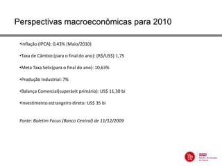 Perspectivas macroeconômicas para 2010

 •Inflação (IPCA): 0,43% (Maio/2010)

 •Taxa de Câmbio (para o final do ano): (R$/US$) 1,75

 •Meta Taxa Selic(para o final do ano): 10,63%

 •Produção Industrial: 7%

 •Balança Comercial(superávit primário): US$ 11,30 bi

 •Investimento estrangeiro direto: US$ 35 bi


 Fonte: Boletim Focus (Banco Central) de 11/12/2009
 