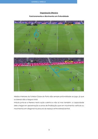 3
GIANNELLI IMBULA
Organização Ofensiva
Posicionamentos e Movimentos em Profundidade
Médios interiores do Futebol Clube do Porto dão sempre profundidade ao jogo, já que
os laterais dão a largura total.
Imbula junta-se a Herrera nesta ação coletiva e não só mas também, a capacidade
dele chegar em aproximação a zonas de finalização quer em movimentos verticais ou
movimentos em diagonal na procura do espaço entre lateral/central.
 