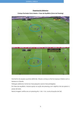 5
GIANNELLI IMBULA
Organização Defensiva
Campo Fechado-Zona Interior + Fase de Equilíbrio (Zona de Pressing)
Momento da equipa quando defende, Imbula começa a fechar espaço interior com o
Herrera e o Danilo.
Triângulo defensivo tornar-se mais pequeno (zona mais protegida).
Em fase de equilíbrio, Imbula ajuda na ação de pressing com objetivo de recuperar a
posse de bola.
Nesta imagem verifica-se um pressing Mc + Mc + Av, numa situação de 3x2.
 