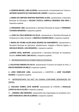 b) ROBSON MIGUEL LIMA OLIVEIRA, representando a Coordenadoria de Turismo e
ANTONIO AUGUSTO DE VASCONCELOS JUNIOR o respectivo suplente.
c) MARIA DO AMPARO MARTINS MONTEIRO ALVES, representando a Secretaria
Municipal de Educação e HELENA CECÍLIA CAMPELO BEZERRA DOS REIS a
respectiva suplente.
d) ERNANDES LIMA representando a Secretaria Municipal de Saúde e FERNANDA
TAVARES BRANDÃO o respectivo suplente.
e) JOÃO DA CRUZ MOREIRA DA SILVA, representando a Secretaria Municipal de
Infraestrutura e Meio Ambiente, e MARCELO SOARES BELÉ o respectivo suplente.
f) MARIA DE FÁTIMA ALVES MAIA SOARES DO NASCIMENTO, representando a
Secretaria Municipal de Agricultura, Abastecimento, Irrigação e Reforma Agrária, e
ARCANJO MIGUEL LIRA BRANDÃO, o respectivo suplente.
g)CERES VIDAL MARTINS, representando a Secretaria Municipal de Assistência
Social e JOANA DARC LIMA SILVA, a respectiva suplente.
II - REPRESENTANTES DO PODER PÚBLICO ESTADUAL
a) CELESTINO RIBEIRO DA SILVA, representando O Governo do Estado do Piauí, e
ERILDO BEZERRA DE MELO o respectivo suplente.
b) JOÃO EDMILSON LIMA, representando a AGESPISA e JOSÉ VALDEMIR
SOARES, o respectivo suplente.
III - REPRESENTANTE DO NICT DA FUNASA CONFORME DESIGNAÇÃO DO
ÓRGÃO.
a) DIOLINDA GOMES LEITE BONFIM, representante da FUNASA e DOUGLAS
LOPES DA SILVA ALVES o respectivo suplente.
IV – JOSIMAR LIMA BEZERRA, representante das organizações da sociedade civil e
JOSÉ FRANCISCO LIMA DE ALMEIDA o respectivo suplente.

23

 