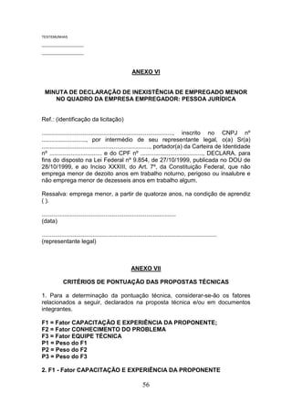 TESTEMUNHAS
______________________
______________________

ANEXO VI

MINUTA DE DECLARAÇÃO DE INEXISTÊNCIA DE EMPREGADO MENOR
NO QUADRO DA EMPRESA EMPREGADOR: PESSOA JURÍDICA

Ref.: (identificação da licitação)
................................................................................, inscrito no CNPJ nº
..........................., por intermédio de seu representante legal, o(a) Sr(a)
.................................................................., portador(a) da Carteira de Identidade
nº ................................ e do CPF nº ......................................, DECLARA, para
fins do disposto na Lei Federal nº 9.854, de 27/10/1999, publicada no DOU de
28/10/1999, e ao Inciso XXXIII, do Art. 7º, da Constituição Federal, que não
emprega menor de dezoito anos em trabalho noturno, perigoso ou insalubre e
não emprega menor de dezesseis anos em trabalho algum.
Ressalva: emprega menor, a partir de quatorze anos, na condição de aprendiz
( ).
..................................................................................
(data)
...........................................................................................................
(representante legal)

ANEXO VII
CRITÉRIOS DE PONTUAÇÃO DAS PROPOSTAS TÉCNICAS
1. Para a determinação da pontuação técnica, considerar-se-ão os fatores
relacionados a seguir, declarados na proposta técnica e/ou em documentos
integrantes.
F1 = Fator CAPACITAÇÃO E EXPERIÊNCIA DA PROPONENTE;
F2 = Fator CONHECIMENTO DO PROBLEMA
F3 = Fator EQUIPE TÉCNICA
P1 = Peso do F1
P2 = Peso do F2
P3 = Peso do F3
2. F1 - Fator CAPACITAÇÃO E EXPERIÊNCIA DA PROPONENTE

56

 