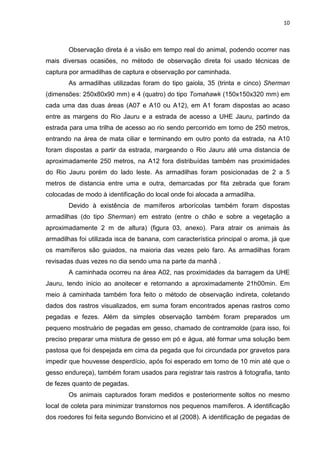 10

Observação direta é a visão em tempo real do animal, podendo ocorrer nas
mais diversas ocasiões, no método de observação direta foi usado técnicas de
captura por armadilhas de captura e observação por caminhada.
As armadilhas utilizadas foram do tipo gaiola, 35 (trinta e cinco) Sherman
(dimensões: 250x80x90 mm) e 4 (quatro) do tipo Tomahawk (150x150x320 mm) em
cada uma das duas áreas (A07 e A10 ou A12), em A1 foram dispostas ao acaso
entre as margens do Rio Jauru e a estrada de acesso a UHE Jauru, partindo da
estrada para uma trilha de acesso ao rio sendo percorrido em torno de 250 metros,
entrando na área de mata ciliar e terminando em outro ponto da estrada, na A10
foram dispostas a partir da estrada, margeando o Rio Jauru até uma distancia de
aproximadamente 250 metros, na A12 fora distribuídas também nas proximidades
do Rio Jauru porém do lado leste. As armadilhas foram posicionadas de 2 a 5
metros de distancia entre uma e outra, demarcadas por fita zebrada que foram
colocadas de modo à identificação do local onde foi alocada a armadilha.
Devido à existência de mamíferos arborícolas também foram dispostas
armadilhas (do tipo Sherman) em estrato (entre o chão e sobre a vegetação a
aproximadamente 2 m de altura) (figura 03, anexo). Para atrair os animais às
armadilhas foi utilizada isca de banana, com característica principal o aroma, já que
os mamíferos são guiados, na maioria das vezes pelo faro. As armadilhas foram
revisadas duas vezes no dia sendo uma na parte da manhã .
A caminhada ocorreu na área A02, nas proximidades da barragem da UHE
Jauru, tendo inicio ao anoitecer e retornando a aproximadamente 21h00min. Em
meio à caminhada também fora feito o método de observação indireta, coletando
dados dos rastros visualizados, em suma foram encontrados apenas rastros como
pegadas e fezes. Além da simples observação também foram preparados um
pequeno mostruário de pegadas em gesso, chamado de contramolde (para isso, foi
preciso preparar uma mistura de gesso em pó e água, até formar uma solução bem
pastosa que foi despejada em cima da pegada que foi circundada por gravetos para
impedir que houvesse desperdício, após foi esperado em torno de 10 min até que o
gesso endureça), também foram usados para registrar tais rastros à fotografia, tanto
de fezes quanto de pegadas.
Os animais capturados foram medidos e posteriormente soltos no mesmo
local de coleta para minimizar transtornos nos pequenos mamíferos. A identificação
dos roedores foi feita segundo Bonvicino et al (2008). A identificação de pegadas de

 