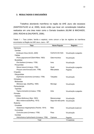 12

3. RESULTADOS E DISCUSSÕES

Trabalhos abordando mamíferos na região da UHE Jauru são escassos
(SANTOS-FILHO et al, 2008), tendo então que levar em consideração trabalhos
realizados em uma área maior como o Cerrado brasileiro (KLINK & MACHADO,
2005, ROCHA & DALPONTE, 2006).
Tabela 1 – Taxa (ordem, família e espécie), nome comum e tipo de registros de mamíferos
encontrados na Região da UHE Jauru, Jauru – MT.
Taxa

Nome Popular

Registro

Carnivora
Canidae
Cachorro-do-mato

Visualização e pegadas

Felidae
Puma yagouaroundi (Saint-Hilare, 1803)

Gato-mourisco

Visualização

Mustelidae
Eira barbara (Linnaeus, 1758)

Irara

Visualização

Procyonidae
Nasua nasua (Linnaeus, 1766)

Quati
Mão-pelada

Visualização e pegadas
Pegadas

Tatupeba

Visualização

Morcego

Visualização

Anta

Visualização e pegadas

Macaco-prego

Visualização

Cerdocyon thous (Smith, 1839)

Procyon cancrivorus(Cuvier, 1798)
Cingulata
Dasypodidae
Euphractus sexcinctus (Linnaeus, 1758)
Chiroptera
Molossidae
Molossus spp. (Geoffroy, 1805)
Perissodactyla
Tapiridae
Tapirus terrestris (Linnaeus, 1758)
Primates
Cebidae
Cebus libidinosus (Spix, 1823)
Mico melanurus(Geoffroy, 1812)

Sagui-de-rabo-preto Visualização

Rodentia
Cricetidae
Hylaeamys megacephalus (Fischer, 1814)

Rato

Visualização (captura)

Cuniculidae
Cuniculus paca (Linnaeus, 1758)

Paca

Visualização

Capivara

Pegadas

Caviidae
Hidrochoerus hydrochaeris (Linnaeus, 1766)
Total

13 espécies

 