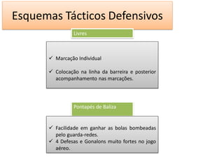 Esquemas Tácticos Defensivos
                Livres



       Marcação Individual

       Colocação na linha da barreira e posterior
        acompanhamento nas marcações.




                Pontapés de Baliza


       Facilidade em ganhar as bolas bombeadas
        pelo guarda-redes.
       4 Defesas e Gonalons muito fortes no jogo
        aéreo.
 