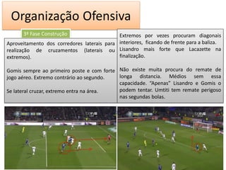 Organização Ofensiva
      3ª Fase Construção                    Extremos por vezes procuram diagonais
Aproveitamento dos corredores laterais para interiores, ficando de frente para a baliza.
realização de cruzamentos (laterais ou Lisandro mais forte que Lacazette na
extremos).                                  finalização.

Gomis sempre ao primeiro poste e com forte Não existe muita procura do remate de
jogo aéreo. Extremo contrário ao segundo.  longa distancia. Médios sem essa
                                           capacidade. “Apenas” Lisandro e Gomis o
Se lateral cruzar, extremo entra na área.  podem tentar. Umtiti tem remate perigoso
                                           nas segundas bolas.

                                           1
 