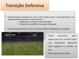 Transição Defensiva

 Equipa bastante voluntariosa, com os três médios centro a desempenharem um
  papel bastante importante neste momento.
              Malbranque e Fofana na pressão rápida.
              Gonalons no equilíbrio e ocupação de espaço.

 Lizandro igualmente forte neste momento. Maiores debilidades de Lacazette.


                                                Podem       proporcionar      algum
                                                  espaço, para sair o primeiro passe,
                                                  mas    rapidamente     aglomeram
                                                  vários jogadores no portador da
                                                  bola
                                                Não hesitam em fazer falta
 