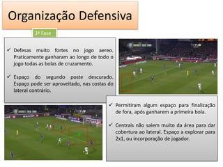 Organização Defensiva
           3ª Fase


 Defesas muito fortes no jogo aereo.
  Praticamente ganharam ao longo de todo o
  jogo todas as bolas de cruzamento.

 Espaço do segundo poste descurado.
  Espaço pode ser aproveitado, nas costas do
  lateral contrário.

                                          Permitiram algum espaço para finalização
                                           de fora, após ganharem a primeira bola.

                                          Centrais não saiem muito da área para dar
                                           cobertura ao lateral. Espaço a explorar para
                                           2x1, ou incorporação de jogador.
 