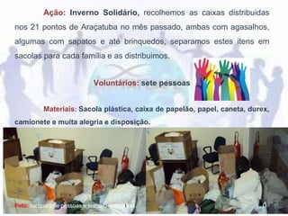 Ação: Inverno Solidário, recolhemos as caixas distribuidas
nos 21 pontos de Araçatuba no mês passado, ambas com agasalhos,
algumas com sapatos e até brinquedos, separamos estes itens em
sacolas para cada família e as distribuimos.
Materiais: Sacola plástica, caixa de papelão, papel, caneta, durex,
camionete e muita alegria e disposição.
Foto: cadastro de pessoas e preparo das caixas.
Voluntários: sete pessoas
 