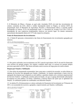 3
Ministério da Agricultura, Pecuária e Abastecimento 29.847.230 4.789.912 6.666.291 22,3
Ministério da Ciência, Tecnologia e Inovação 28.577.500 297.606 313.900 1,1
Ministério da Fazenda 6.138.168.217 454.277.042 753.644.697 12,3
Ministério do Desenvolvimento, Indústria e Comércio Exterior 96.545.903 2.908.625 5.881.907 6,1
Ministério de Minas e Energia 99.543.997.487 15.327.095.491 28.671.292.135 28,8
Ministério da Previdência Social 233.500.000 8.640.675 14.823.296 6,3
Ministério da Saúde 301.343.052 19.376.513 46.922.884 15,6
Ministério dos Transportes 40.000 0 0 0,0
Ministério das Comunicações 1.399.825.732 52.615.487 96.880.183 6,9
Ministério da Defesa 8.335.154 924.599 1.109.518 13,3
Secretaria de Aviacao Civil 1.564.210.270 186.779.188 279.340.781 17,9
Secretaria de Portos 1.484.185.647 72.611.426 99.043.282 6,7
Total 110.828.576.192 16.130.316.564 29.975.918.874 27,0
9. O Ministério de Minas e Energia, ao qual estão vinculados 89,8% do total dos investimentos de
estatais, constantes da LOA, obteve o melhor desempenho dentre os Órgãos, ao realizar 28,8% da
programação atual. O Ministério da Agricultura, Pecuária e Abastecimento obteve o segundo melhor
desempenho ao realizar 22,3% da programação atual, e a Secretaria de Aviação Civil com 17,9% de
desempenho de suas respectivas programações situou-se em terceiro lugar. Os demais ministérios
apresentaram desempenho abaixo de 15,7% das respectivas dotações.
Fontes de financiamento dos investimentos
10. A Tabela 02 apresenta o demonstrativo das fontes de financiamento dos investimentos agregadas por
natureza.
TABELA 02 - ORÇAMENTO DE INVESTIMENTO
Dados consolidados das Fontes de Financiamento dos Investimentos
Valores em R$ 1,00
Dotação Atual Realizado no Compo- Realizado até Compo-
Descritores 2° Bimestre sição % 2° Bimestre sição %
(a) (b) de (b) (c) de (c)
Recursos Próprios 77.483.979.384 13.624.462.296 84,5 25.249.492.692 84,2
Geração Própria 77.483.979.384 13.624.462.296 84,5 25.249.492.692 84,2
Recursos para aumento do Patrimônio Líquido 16.113.761.219 1.907.909.010 11,8 4.007.327.829 13,4
Tesouro 3.569.815.394 238.826.698 1,5 358.831.475 1,2
Direto 2.461.892.610 143.779.219 0,9 202.398.393 0,7
Saldos de Exercícios Anteriores 1.107.922.784 95.047.479 0,6 156.433.082 0,5
Controladora 12.543.945.825 1.669.082.312 10,3 3.648.496.354 12,2
Operações de Crédito de Longo Prazo 8.997.790.668 526.940.837 3,3 629.273.755 2,1
Internas 3.056.645.643 508.170.013 3,2 610.502.931 2,0
Externas 5.941.145.025 18.770.824 0,1 18.770.824 0,1
Outros Recursos de Longo Prazo 8.233.044.921 71.004.421 0,4 89.824.598 0,3
Controladora 1.213.658.921 71.004.421 0,4 89.824.598 0,3
Outras Estatais 7.019.386.000 0 0,0 0 0,0
Total 110.828.576.192 16.130.316.564 100.0 29.975.918.874 100.0
11. Dos gastos realizados com investimentos em 2013, parcela equivalente a 84,2% do total foi financiada
com recursos de geração própria. Em relação à dotação atual total, os recursos de geração própria
previstos equivalem a 69,9%. Não foram utilizados outros recursos de longo prazo de outras estatais.
Despesa por Funções e Subfunções
12. Para efeito de programação orçamentária, bem como para o controle da execução, as ações diretas ou
indiretas do Governo são agrupadas por Função e Subfunção. As funções representam o maior nível de
agregação das despesas que competem ao setor público e guardam relação com a estrutura organizacional
do Governo Federal. A subfunção constitui parte da função, em que se agrega determinada subconjunto
de despesas do setor público, de forma a identificar a natureza básica das ações que se aglutinam nas
funções. As subfunções podem ser combinadas com diferentes funções.
13. As tabelas 03 e 04 demonstram os valores realizados do Orçamento de Investimento no 2º bimestre de
2013, e no acumulado do exercício, agrupados, respectivamente, por funções e subfunções.
TABELA 03 - ORÇAMENTO DE INVESTIMENTO
Dados consolidados da Despesa – por Função
Valores em R$ 1,00
Dotação Atual Realizado no Realizado até Desemp.
Descritores 2° Bimestre 2° Bimestre %
(a) (b) (c) (c/a)
Defesa Nacional 7.620.000 883.022 1.007.350 13,2
Previdência Social 233.500.000 8.640.675 14.823.296 6,3
Saúde 301.343.052 19.376.513 46.922.884 15,6
Agricultura 29.847.230 4.789.912 6.666.291 22,3
Indústria 2.575.078.000 218.141.714 651.708.137 25,3
Comércio e Serviços 5.983.291.620 448.512.681 744.304.765 12,4
Comunicações 1.371.190.185 52.615.487 96.805.183 7,1
 
