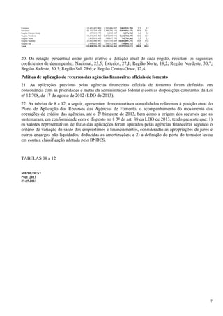 7
Exterior 10.491.485.000 1.543.406.037 2.843.531.294 9,5 9,5
Nacional 42.121.784.459 5.306.756.116 9.910.846.176 38,0 33,1
Região Centro-Oeste 437.813.979 34.043.167 54.276.762 0,4 0,2
Região Nordeste 18.354.331.303 2.873.650.511 5.642.768.190 16,6 18,8
Região Norte 3.861.059.988 390.637.799 701.705.363 3,5 2,3
Região Sudeste 33.062.446.081 5.631.510.269 10.082.897.376 29,8 33,6
Região Sul 2.499.655.382 350.312.665 739.893.713 2,3 2,5
Total 110.828.576.192 16.130.316.564 29.975.918.874 100,0 100,0
20. Da relação percentual entre gasto efetivo e dotação atual de cada região, resultam os seguintes
coeficientes de desempenho: Nacional, 23,5; Exterior, 27,1; Região Norte, 18,2; Região Nordeste, 30,7;
Região Sudeste, 30,5; Região Sul, 29,6; e Região Centro-Oeste, 12,4.
Política de aplicação de recursos das agências financeiras oficiais de fomento
21. As aplicações previstas pelas agências financeiras oficiais de fomento foram definidas em
consonância com as prioridades e metas da administração federal e com as disposições constantes da Lei
nº 12.708, de 17 de agosto de 2012 (LDO de 2013).
22. As tabelas de 8 a 12, a seguir, apresentam demonstrativos consolidados referentes à posição atual do
Plano de Aplicação dos Recursos das Agências de Fomento, o acompanhamento do movimento das
operações de crédito das agências, até o 2º bimestre de 2013, bem como a origem dos recursos que as
sustentaram, em conformidade com o disposto no § 3º do art. 88 da LDO de 2013, tendo presente que: 1)
os valores representativos de fluxo das aplicações foram apurados pelas agências financeiras segundo o
critério de variação de saldo dos empréstimos e financiamentos, consideradas as apropriações de juros e
outros encargos não liquidados, deduzidas as amortizações; e 2) a definição do porte do tomador levou
em conta a classificação adotada pelo BNDES.
TABELAS 08 a 12
MP/SE/DEST
Port_2013
27.05.2013
 