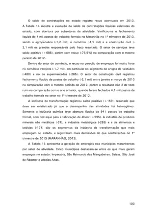 O saldo de contratações no estado registra recuo acentuado em 2013.
A Tabela 14 mostra a evolução do saldo de contratações líquidas celetistas do
estado, com abertura por subsetores de atividade. Verificou-se o fechamento
líquido de 4 mil postos de trabalho formais no Maranhão no 1º trimestre de 2013,
sendo a agropecuária (‐1,2 mil), o comércio (‐1,5 mil) e a construção civil (‐
2,1 mil) os grandes responsáveis pelo fraco resultado. O setor de serviços teve
saldo positivo (+685), porém com recuo (‐76,5%) na comparação com o mesmo
período de 2012.
Dentro do setor de comércio, o recuo na geração de empregos foi muito forte
no comércio varejista (‐1,7 mil), em particular no segmento de artigos de vestuário
(‐480) e no de supermercados (‐265). O setor de construção civil registrou
fechamento líquido de postos de trabalho (‐2,1 mil) entre janeiro e março de 2013
na comparação com o mesmo período de 2012, porém o resultado não é de todo
ruim na comparação com o ano anterior, quando foram fechados 4,1 mil postos de
trabalho formais no setor no 1º trimestre de 2012.
A indústria de transformação registrou saldo positivo (+159), resultado que
deve ser relativizado já que o desempenho das atividades foi heterogêneo.
Somente a indústria química teve abertura líquida de 941 postos de trabalho
formal, com destaque para a fabricação de álcool (+995). A indústria de produtos
minerais não metálicos (‐67), a indústria metalúrgica (‐285) e a de alimentos e
bebidas (‐171) são os segmentos da indústria de transformação que mais
empregam no estado, e registraram mais demissões do que contratações no 1º
trimestre de 2013 (MARANHÃO, 2013).
A Tabela 15 apresenta a geração de empregos nos municípios maranhenses
por setor de atividade. Cinco municípios destacam-se entre os que mais geram
empregos no estado: Imperatriz, São Raimundo das Mangabeiras, Balsas, São José
de Ribamar e Aldeias Altas.

103

 