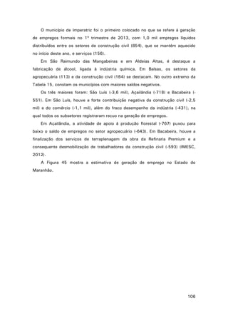 O município de Imperatriz foi o primeiro colocado no que se refere à geração
de empregos formais no 1º trimestre de 2013, com 1,0 mil empregos líquidos
distribuídos entre os setores de construção civil (854), que se mantém aquecido
no início deste ano, e serviços (156).
Em São Raimundo das Mangabeiras e em Aldeias Altas, é destaque a
fabricação de álcool, ligada à indústria química. Em Balsas, os setores da
agropecuária (113) e da construção civil (184) se destacam. No outro extremo da
Tabela 15, constam os municípios com maiores saldos negativos.
Os três maiores foram: São Luís (‐3,6 mil), Açailândia (‐718) e Bacabeira (‐
551). Em São Luís, houve a forte contribuição negativa da construção civil (‐2,5
mil) e do comércio (‐1,1 mil), além do fraco desempenho da indústria (‐431), na
qual todos os subsetores registraram recuo na geração de empregos.
Em Açailândia, a atividade de apoio à produção florestal (‐767) puxou para
baixo o saldo de empregos no setor agropecuário (‐643). Em Bacabeira, houve a
finalização dos serviços de terraplenagem da obra da Refinaria Premium e a
consequente desmobilização de trabalhadores da construção civil (‐593) (IMESC,
2012).
A Figura 45 mostra a estimativa de geração de emprego no Estado do
Maranhão.

106

 