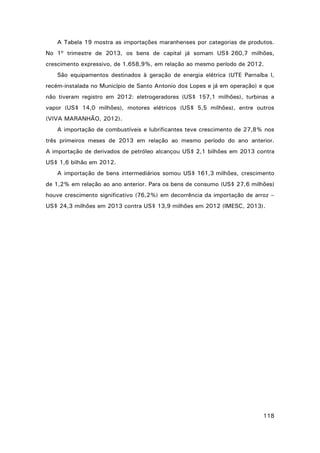 A Tabela 19 mostra as importações maranhenses por categorias de produtos.
No 1º trimestre de 2013, os bens de capital já somam US$ 260,7 milhões,
crescimento expressivo, de 1.658,9%, em relação ao mesmo período de 2012.
São equipamentos destinados à geração de energia elétrica (UTE Parnaíba I,
recém-instalada no Município de Santo Antonio dos Lopes e já em operação) e que
não tiveram registro em 2012: eletrogeradores (US$ 157,1 milhões), turbinas a
vapor (US$ 14,0 milhões), motores elétricos (US$ 5,5 milhões), entre outros
(VIVA MARANHÃO, 2012).
A importação de combustíveis e lubrificantes teve crescimento de 27,8% nos
três primeiros meses de 2013 em relação ao mesmo período do ano anterior.
A importação de derivados de petróleo alcançou US$ 2,1 bilhões em 2013 contra
US$ 1,6 bilhão em 2012.
A importação de bens intermediários somou US$ 161,3 milhões, crescimento
de 1,2% em relação ao ano anterior. Para os bens de consumo (US$ 27,6 milhões)
houve crescimento significativo (76,2%) em decorrência da importação de arroz –
US$ 24,3 milhões em 2013 contra US$ 13,9 milhões em 2012 (IMESC, 2013).

118

 