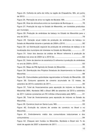Figura 24. Colheita da safra de milho na região de Chapadinha, MA, em junho
de 2013. ............................................................................................ 72
Figura 25. Plantação de arroz na região de Bacabal, MA. ........................... 74
Figura 26. Área de silvicultura entre os municípios de Buriticupu e .............. 76
Figura 27. Produção da soja no Estado do Maranhão, em toneladas produzidas
por município. ..................................................................................... 77
Figura 28. Produção de amêndoas de babaçu no Estado do Maranhão para o
ano de 2010. ...................................................................................... 79
Figura 29. Variação anual média da produção de amêndoas de babaçu no
Estado do Maranhão durante o período de 2004 a 2010. ........................... 80
Figura 30. (a) Distribuição espacial da produção de amêndoas de babaçu e (b)
localização dos municípios de interesse no Estado do Maranhão. ................. 81
Figura 31. Vetor dos desvios da análise de Moran referente à produção de
amêndoas nos anos de 2004 (a) e 2010 (b). ............................................ 82
Figura 32. Vetor de desvios da estatística G referente à produção de amêndoas
no ano de 2004 e 2010. ....................................................................... 83
Figura 33. Mapa de PIB Agrícola do Estado do Maranhão. .......................... 85
Figura 34. Distribuição dos Projetos Estaduais de Assentamento no Estado do
Maranhão. .......................................................................................... 88
Figura 35. Comunidades quilombolas regularizadas no Estado do Maranhão. . 89
Figura 36. Consumo aparente de cimento acumulado de 12 meses, de
setembro de 2010 a setembro de 2011. .................................................. 90
Figura 37. Total de financiamentos para aquisição de imóveis no Estado do
Maranhão (MA), Nordeste (NE) e Brasil (BR) de setembro de 2010 a setembro
de 2011 (valores constantes em R$ milhões inflacionados pelo INPC). ......... 91
Figura 38. Total de financiamentos para aquisição de imóveis no Estado do
Maranhão. .......................................................................................... 92
Figura 39. Comércio local em Santa Luzia, MA. ........................................ 93
Figura 40. Evolução do volume de vendas do comércio no Brasil e no
Maranhão. .......................................................................................... 93
Figura 41. Endividamento médio dos consumidores ludovicenses e dos
consumidores. ..................................................................................... 94
Figura 42. Cheques sem fundos no Maranhão, Nordeste e Brasil (em % do
total) de agosto de 2007 a dezembro de 2011. ........................................ 96
12

 