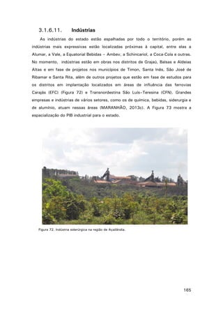 3.1.6.11.

Indústrias

As indústrias do estado estão espalhadas por todo o território, porém as
indústrias mais expressivas estão localizadas próximas à capital, entre elas a
Alumar, a Vale, a Equatorial Bebidas – Ambev, a Schincariol, a Coca-Cola e outras.
No momento, indústrias estão em obras nos distritos de Grajaú, Balsas e Aldeias
Altas e em fase de projetos nos municípios de Timon, Santa Inês, São José de
Ribamar e Santa Rita, além de outros projetos que estão em fase de estudos para
os distritos em implantação localizados em áreas de influência das ferrovias
Carajás (EFC) (Figura 72) e Transnordestina São Luís–Teresina (CFN). Grandes
empresas e indústrias de vários setores, como os de química, bebidas, siderurgia e
de alumínio, atuam nessas áreas (MARANHÃO, 2013c). A Figura 73 mostra a
espacialização do PIB industrial para o estado.

Figura 72. Indústria siderúrgica na região de Açailândia.

165

 