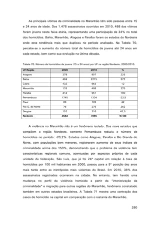 As principais vítimas da criminalidade no Maranhão têm sido pessoas entre 15
e 24 anos de idade. Dos 1.478 assassinatos ocorridos em 2010, 498 das vítimas
foram jovens nesta faixa etária, representando uma participação de 34% no total
dos homicídios. Bahia, Maranhão, Alagoas e Paraíba foram os estados do Nordeste
onde esta tendência mais que duplicou no período analisado. Na Tabela 70,
percebe-se o aumento do número total de homicídios de jovens até 24 anos em
cada estado, bem como sua evolução na última década.

Tabela 70. Número de homicídios de jovens (15 a 24 anos) por UF na região Nordeste, 2000/2010.
UF/Região

2000

2010

%

Alagoas

279

907

225

Bahia

464

2215

377

Ceara

432

963

12

Maranhão

133

498

275

Paraíba

212

551

160

1745

1334

-23,5

Piauí

89

126

42

Rio G. do Norte

76

275

262

152

216

42,5

3582

7085

97,80

Pernambuco

Sergipe
Nordeste

A violência no Maranhão não é um fenômeno isolado. Dos nove estados que
compõem a região Nordeste, somente Pernambuco reduziu o número de
homicídios no período: -20,2%. Estados como Alagoas, Paraíba e Rio Grande do
Norte, com populações bem menores, registraram aumento de seus índices de
criminalidade acima dos 150%, demonstrando que o problema da violência tem
características regionais comuns, acentuadas por aspectos próprios de cada
unidade da federação. São Luís, que já foi 24ª capital em relação à taxa de
homicídios por 100 mil habitantes em 2000, passou para a 5ª posição dez anos
mais tarde entre as metrópoles mais violentas do Brasil. Em 2010, 38% dos
assassinatos registrados ocorreram na cidade. No entanto, tem havido uma
mudança no

perfil da violência homicida a partir da “interiorização da

criminalidade” e migração para outras regiões do Maranhão, fenômeno constatado
também em outros estados brasileiros. A Tabela 71 mostra uma contração dos
casos de homicídio na capital em comparação com o restante do Maranhão.
280

 