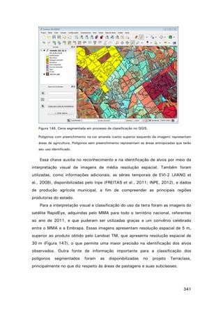 Figura 146. Cena segmentada em processo de classificação no QGIS.
Polígonos com preenchimento na cor amarela (canto superior esquerdo da imagem) representam
áreas de agricultura. Polígonos sem preenchimento representam as áreas antropizadas que terão
seu uso identificado.

Essa chave auxilia no reconhecimento e na identificação de alvos por meio da
interpretação visual de imagens de média resolução espacial. Também foram
utilizadas, como informações adicionais, as séries temporais de EVI-2 (JIANG et
al., 2008), disponibilizadas pelo Inpe (FREITAS et al., 2011; INPE, 2012), e dados
de produção agrícola municipal, a fim de compreender as principais regiões
produtoras do estado.
Para a interpretação visual e classificação do uso da terra foram as imagens do
satélite RapidEye, adquiridas pelo MMA para todo o território nacional, referentes
ao ano de 2011, e que puderam ser utilizadas graças a um convênio celebrado
entre o MMA e a Embrapa. Essas imagens apresentam resolução espacial de 5 m,
superior ao produto obtido pelo Landsat TM, que apresenta resolução espacial de
30 m (Figura 147), o que permite uma maior precisão na identificação dos alvos
observados. Outra fonte de informação importante para a classificação dos
polígonos

segmentados

foram

as

disponibilizadas

no

projeto

Terraclass,

principalmente no que diz respeito às áreas de pastagens e suas subclasses.

341

 