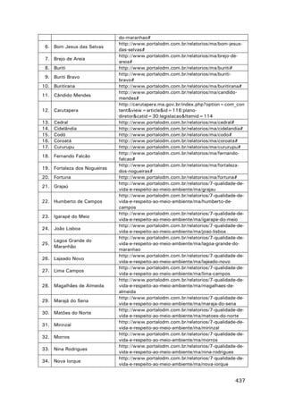 6. Bom Jesus das Selvas
7. Brejo de Areia
8. Buriti
9. Buriti Bravo
10. Buritirana
11. Cândido Mendes
12. Carutapera
13.
14.
15.
16.
17.

Cedral
Cidelândia
Codó
Coroatá
Cururupu

18. Fernando Falcão
19. Fortaleza dos Nogueiras
20. Fortuna
21. Grajaú
22. Humberto de Campos
23. Igarapé do Meio
24. João Lisboa
25.

Lagoa Grande do
Maranhão

26. Lajeado Novo
27. Lima Campos
28. Magalhães de Almeida
29. Marajá do Sena
30. Matões do Norte
31. Mirinzal
32. Morros
33. Nina Rodrigues
34. Nova Iorque

do-maranhao#
http://www.portalodm.com.br/relatorios/ma/bom-jesusdas-selvas#
http://www.portalodm.com.br/relatorios/ma/brejo-deareia#
http://www.portalodm.com.br/relatorios/ma/buriti#
http://www.portalodm.com.br/relatorios/ma/buritibravo#
http://www.portalodm.com.br/relatorios/ma/buritirana#
http://www.portalodm.com.br/relatorios/ma/candidomendes#
http://carutapera.ma.gov.br/index.php?option=com_con
tent&view=article&id=116:planodiretor&catid=30:legislacao&Itemid=114
http://www.portalodm.com.br/relatorios/ma/cedral#
http://www.portalodm.com.br/relatorios/ma/cidelandia#
http://www.portalodm.com.br/relatorios/ma/codo#
http://www.portalodm.com.br/relatorios/ma/coroata#
http://www.portalodm.com.br/relatorios/ma/cururupu#
http://www.portalodm.com.br/relatorios/ma/fernandofalcao#
http://www.portalodm.com.br/relatorios/ma/fortalezados-nogueiras#
http://www.portalodm.com.br/relatorios/ma/fortuna#
http://www.portalodm.com.br/relatorios/7-qualidade-devida-e-respeito-ao-meio-ambiente/ma/grajau
http://www.portalodm.com.br/relatorios/7-qualidade-devida-e-respeito-ao-meio-ambiente/ma/humberto-decampos
http://www.portalodm.com.br/relatorios/7-qualidade-devida-e-respeito-ao-meio-ambiente/ma/igarape-do-meio
http://www.portalodm.com.br/relatorios/7-qualidade-devida-e-respeito-ao-meio-ambiente/ma/joao-lisboa
http://www.portalodm.com.br/relatorios/7-qualidade-devida-e-respeito-ao-meio-ambiente/ma/lagoa-grande-domaranhao
http://www.portalodm.com.br/relatorios/7-qualidade-devida-e-respeito-ao-meio-ambiente/ma/lajeado-novo
http://www.portalodm.com.br/relatorios/7-qualidade-devida-e-respeito-ao-meio-ambiente/ma/lima-campos
http://www.portalodm.com.br/relatorios/7-qualidade-devida-e-respeito-ao-meio-ambiente/ma/magalhaes-dealmeida
http://www.portalodm.com.br/relatorios/7-qualidade-devida-e-respeito-ao-meio-ambiente/ma/maraja-do-sena
http://www.portalodm.com.br/relatorios/7-qualidade-devida-e-respeito-ao-meio-ambiente/ma/matoes-do-norte
http://www.portalodm.com.br/relatorios/7-qualidade-devida-e-respeito-ao-meio-ambiente/ma/mirinzal
http://www.portalodm.com.br/relatorios/7-qualidade-devida-e-respeito-ao-meio-ambiente/ma/morros
http://www.portalodm.com.br/relatorios/7-qualidade-devida-e-respeito-ao-meio-ambiente/ma/nina-rodrigues
http://www.portalodm.com.br/relatorios/7-qualidade-devida-e-respeito-ao-meio-ambiente/ma/nova-iorque

437

 