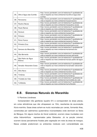 35. Olho d'água das Cunhãs
36. Parnarama
37. Paulino Neves
38. Paulo Ramos
39. Peritoró
40. Pinheiro
41. Porto Franco
42. Primeira Cruz
43. Santana do Maranhão
44. São Bernardo
45.

São Pedro da Água
Branca

46. Senador Alexandre Costa
47. Sítio Novo
48. Timbiras
49. Trizidela do Vale
50. Tufilândia

6.8.

http://www.portalodm.com.br/relatorios/7-qualidade-devida-e-respeito-ao-meio-ambiente/ma/olho-d-agua-dascunhas
http://www.portalodm.com.br/relatorios/7-qualidade-devida-e-respeito-ao-meio-ambiente/ma/parnarama
http://www.portalodm.com.br/relatorios/7-qualidade-devida-e-respeito-ao-meio-ambiente/ma/paulino-neves
http://www.portalodm.com.br/relatorios/7-qualidade-devida-e-respeito-ao-meio-ambiente/ma/paulo-ramos
http://www.portalodm.com.br/relatorios/7-qualidade-devida-e-respeito-ao-meio-ambiente/ma/peritoro
http://www.portalodm.com.br/relatorios/7-qualidade-devida-e-respeito-ao-meio-ambiente/ma/pinheiro
http://www.portalodm.com.br/relatorios/7-qualidade-devida-e-respeito-ao-meio-ambiente/ma/porto-franco
http://www.portalodm.com.br/relatorios/7-qualidade-devida-e-respeito-ao-meio-ambiente/ma/primeira-cruz
http://www.portalodm.com.br/relatorios/7-qualidade-devida-e-respeito-ao-meio-ambiente/ma/santana-domaranhao
http://www.portalodm.com.br/relatorios/7-qualidade-devida-e-respeito-ao-meio-ambiente/ma/sao-bernardo
http://www.portalodm.com.br/relatorios/7-qualidade-devida-e-respeito-ao-meio-ambiente/ma/sao-pedro-da-aguabranca
http://www.portalodm.com.br/relatorios/7-qualidade-devida-e-respeito-ao-meio-ambiente/ma/senador-alexandrecosta
http://www.portalodm.com.br/relatorios/7-qualidade-devida-e-respeito-ao-meio-ambiente/ma/sitio-novo
http://www.portalodm.com.br/relatorios/7-qualidade-devida-e-respeito-ao-meio-ambiente/ma/timbiras
http://www.portalodm.com.br/relatorios/7-qualidade-devida-e-respeito-ao-meio-ambiente/ma/trizidela-do-vale
http://www.portalodm.com.br/relatorios/7-qualidade-devida-e-respeito-ao-meio-ambiente/ma/tufilandia

Sistemas Naturais do Maranhão

1) Planícies Litorâneas
Compreendem três geofácies (quadro 01) e correspondem às áreas planas,
em cotas altimétricas que não ultrapassam os 10m, resultantes da acumulação
flúvio-marinha. Essas áreas acham-se muito recortadas por canais, formando ilhas,
constituídas por sedimentos quaternários inconsolidados onde dominam os Solos
de Mangue. Em alguns trechos do litoral ocidental, ocorrem áreas inundadas com
solos hidromórficos

representados pelos Gleissolos. Já na porção oriental,

ocorrem dunas parcialmente fixadas pela vegetação em meio às áreas de mangue.
Nessa unidade predominam os ambientes instáveis com vulnerabilidade aos
438

 