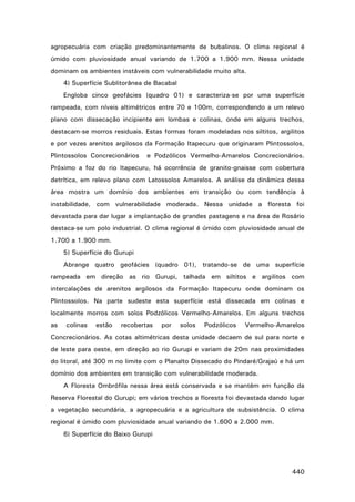 agropecuária com criação predominantemente de bubalinos. O clima regional é
úmido com pluviosidade anual variando de 1.700 a 1.900 mm. Nessa unidade
dominam os ambientes instáveis com vulnerabilidade muito alta.
4) Superfície Sublitorânea de Bacabal
Engloba cinco geofácies (quadro 01) e caracteriza-se por uma superfície
rampeada, com níveis altimétricos entre 70 e 100m, correspondendo a um relevo
plano com dissecação incipiente em lombas e colinas, onde em alguns trechos,
destacam-se morros residuais. Estas formas foram modeladas nos siltitos, argilitos
e por vezes arenitos argilosos da Formação Itapecuru que originaram Plintossolos,
Plintossolos Concrecionários

e Podzólicos Vermelho-Amarelos Concrecionários.

Próximo a foz do rio Itapecuru, há ocorrência de granito-gnaisse com cobertura
detrítica, em relevo plano com Latossolos Amarelos. A análise da dinâmica dessa
área mostra um domínio dos ambientes em transição ou com tendência à
instabilidade, com vulnerabilidade moderada. Nessa unidade a floresta foi
devastada para dar lugar a implantação de grandes pastagens e na área de Rosário
destaca-se um polo industrial. O clima regional é úmido com pluviosidade anual de
1.700 a 1.900 mm.
5) Superfície do Gurupi
Abrange quatro geofácies (quadro 01), tratando-se de uma superfície
rampeada em direção as rio Gurupi, talhada em siltitos e argilitos com
intercalações de arenitos argilosos da Formação Itapecuru onde dominam os
Plintossolos. Na parte sudeste esta superfície está dissecada em colinas e
localmente morros com solos Podzólicos Vermelho-Amarelos. Em alguns trechos
as

colinas

estão

recobertas

por

solos

Podzólicos

Vermelho-Amarelos

Concrecionários. As cotas altimétricas desta unidade decaem de sul para norte e
de leste para oeste, em direção ao rio Gurupi e variam de 20m nas proximidades
do litoral, até 300 m no limite com o Planalto Dissecado do Pindaré/Grajaú e há um
domínio dos ambientes em transição com vulnerabilidade moderada.
A Floresta Ombrófila nessa área está conservada e se mantém em função da
Reserva Florestal do Gurupi; em vários trechos a floresta foi devastada dando lugar
a vegetação secundária, a agropecuária e a agricultura de subsistência. O clima
regional é úmido com pluviosidade anual variando de 1.600 a 2.000 mm.
6) Superfície do Baixo Gurupi

440

 