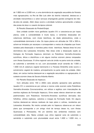 de 1.800 mm a 2.000 mm, e uma dominância da vegetação secundária da floresta
mais agropecuária; na Ilha de São Luís além do distrito industrial, destaca-se a
atividade mercantilista e o setor serviços empregando grande contigente de mãode-obra do estado. Além disso ocorre a atividade turística aproveitando a beleza
das praias da área e o casario da época colonial.
9) Planalto Dissecado do Pindaré/Grajaú
Esta unidade contém nove geofácies (quadro 01) e caracteriza-se por topos
planos, onde a vulnerabilidade é muito baixa, e vertentes dissecadas em
coberturas detríticas, com níveis lateríticos, de idade pleistocênica, onde a
vulnerabilidade dominante é alta. Os topos planos em altitudes de 100 a 300 m,
acham-se limitados por escarpas e correspondem a restos de chapadas que foram
isolados pela dissecação e mantidos pelos níveis lateríticos. Nessas áreas há uma
dominância dos Latossolos Amarelos. Nas áreas onde a dissecação expôs as
litologias da Formação Itapecuru dominam os Podzólicos Vermelho-Amarelos
eutróficos, álicos e distróficos e em alguns trechos ocorrem planos rampeados
com Areias Quartzosas. O clima regional varia de úmido na parte norte da unidade,
ao subúmido a semiárido no sul, com pluviosidade anual variando de 1.000 a
1.800 mm.A cobertura vegetal dominante é a Floresta Ombrófila onde ocorre o
extrativismo vegetal de madeira, principalmente na parte oeste da unidade. Além
disso, em certos trechos destacam-se a vegetação secundária e a agropecuária. A
sudeste ocorrem áreas de Savana Arboréa Aberta.
10) Planalto Dissecado do Itapecuru
Com altitudes entre 140 e 200m este planalto apresenta sete geofácies
(quadro 01) e caracteriza-se por colinas e morros onde ocorrem solos Podzólicos
Vermelho-Amarelos Concrecionários, em siltitos e argilitos com intercalações de
arenitos argilosos da Formação Itapecuru. Entre esses relevos observam-se vales
pedimentados com Podzólicos Vermenho-Amarelos eutróficos derivados dos
folhelhos, siltitos argilosos, calcários e margas da Formação Codó. Em alguns
trechos destacam-se relevos residuais de topo plano e colinas, recobertos por
Latossolos Amarelos. No trecho cortado pelo rio Itapecuru observa-se um relevo
plano que corresponde a um antigo nível de terraço desse rio, com Areias
Quartzosas e Plintossolos. Há um domínio dos ambientes instáveis com
vulnerabilidade alta. Nesta unidade cujo clima regional varia de subúmido a
semiárido e subúmido com pluviosidade anual entre 1.400 e 1.600 mm, a

442

 