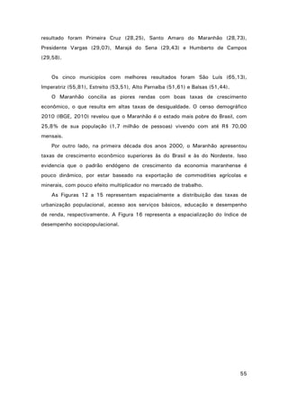 resultado foram Primeira Cruz (28,25), Santo Amaro do Maranhão (28,73),
Presidente Vargas (29,07), Marajá do Sena (29,43) e Humberto de Campos
(29,58).

Os cinco municipíos com melhores resultados foram São Luís (65,13),
Imperatriz (55,81), Estreito (53,51), Alto Parnaíba (51,61) e Balsas (51,44).
O Maranhão concilia as piores rendas com boas taxas de crescimento
econômico, o que resulta em altas taxas de desigualdade. O censo demográfico
2010 (IBGE, 2010) revelou que o Maranhão é o estado mais pobre do Brasil, com
25,8% de sua população (1,7 milhão de pessoas) vivendo com até R$ 70,00
mensais.
Por outro lado, na primeira década dos anos 2000, o Maranhão apresentou
taxas de crescimento econômico superiores às do Brasil e às do Nordeste. Isso
evidencia que o padrão endógeno de crescimento da economia maranhense é
pouco dinâmico, por estar baseado na exportação de commodities agrícolas e
minerais, com pouco efeito multiplicador no mercado de trabalho.
As Figuras 12 a 15 representam espacialmente a distribuição das taxas de
urbanização populacional, acesso aos serviços básicos, educação e desempenho
de renda, respectivamente. A Figura 16 representa a espacialização do índice de
desempenho sociopopulacional.

55

 
