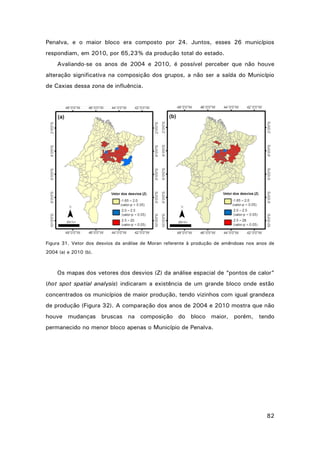 Penalva, e o maior bloco era composto por 24. Juntos, esses 26 municípios
respondiam, em 2010, por 65,23% da produção total do estado.
Avaliando-se os anos de 2004 e 2010, é possível perceber que não houve
alteração significativa na composição dos grupos, a não ser a saída do Município
de Caxias dessa zona de influência.

Figura 31. Vetor dos desvios da análise de Moran referente à produção de amêndoas nos anos de
2004 (a) e 2010 (b).

Os mapas dos vetores dos desvios (Z) da análise espacial de “pontos de calor”
(hot spot spatial analysis) indicaram a existência de um grande bloco onde estão
concentrados os municípios de maior produção, tendo vizinhos com igual grandeza
de produção (Figura 32). A comparação dos anos de 2004 e 2010 mostra que não
houve mudanças bruscas na composição do bloco maior, porém, tendo
permanecido no menor bloco apenas o Município de Penalva.

82

 