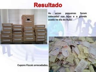 As urnas pequenas foram
colocadas nas lojas e a grande
usada no dia da Ação.
Cupons Fiscais arrecadados.
 