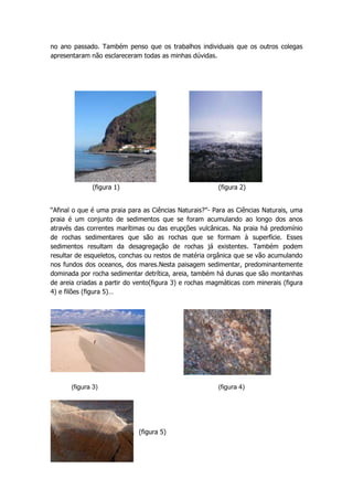 no ano passado. Também penso que os trabalhos individuais que os outros colegas
apresentaram não esclareceram todas as minhas dúvidas.




               (figura 1)                               (figura 2)


“Afinal o que é uma praia para as Ciências Naturais?”- Para as Ciências Naturais, uma
praia é um conjunto de sedimentos que se foram acumulando ao longo dos anos
através das correntes marítimas ou das erupções vulcânicas. Na praia há predomínio
de rochas sedimentares que são as rochas que se formam à superfície. Esses
sedimentos resultam da desagregação de rochas já existentes. Também podem
resultar de esqueletos, conchas ou restos de matéria orgânica que se vão acumulando
nos fundos dos oceanos, dos mares.Nesta paisagem sedimentar, predominantemente
dominada por rocha sedimentar detrítica, areia, também há dunas que são montanhas
de areia criadas a partir do vento(figura 3) e rochas magmáticas com minerais (figura
4) e filões (figura 5)…




       (figura 3)                                       (figura 4)




                             (figura 5)
 