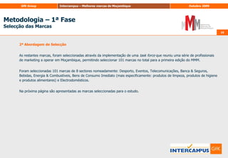 18Metodologia – 1ª FaseSelecção das Marcas1ª Abordagem de Selecção (Continuação)AAmostra é constituída por 1067 entrevistas telefónicas com uma distribuição não proporcional a nível nacional, de acordo com a seguinte distribuição, correspondendo a um grau de confiança de 95% e um erro máximo de 3% a nível nacional.