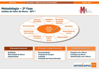 Metodologia – 2ª FaseAnálise do Valor da Marca - BPI ®2323O BPI® (Brand Potencial Index) surge da necessidade de se conseguir medir - traduzir em números - o valor da marca, ou seja, o seu grau de atractividade. Este índice engloba 10 componentes que derivam da mais recente literatura sobre avaliação de marca, representam a avaliação emocional e racional de uma marca sob a perspectiva do consumidor, bem como as suas tendências comportamentais face à marca. Estas componentes foram estabelecidas através de um largo processo de análise no departamento de I&D da GfK e agrupa os principais factores que determinam a atractividade/força da marca. A sua definição e selecção foi levada a cabo através de diferentes estudos de validação, contrastando os resultados com números de vendas obtidos em painéis reais. A comparação entre estes valores deste índice para várias marcas permite perceber, de forma sintética e clara, a força de cada uma ou, dito de outro modo, traduz o potencial para alcançar maiores quotas de mercado num determinado ambiente competitivo.A sua utilidade tem duas vertentes principais, a primeira é ser um indicador sintético e ilustrativo da evolução da saúde da marca. Permite-nos assim determinar se a estratégia global desenvolvida para uma marca tem ou não tem sido adequada (Estarei a proceder da forma mais correcta?), a segunda é o facto de nos permitir dispor de uma variável dependente consolidada sobre qual podemos estruturar as análises multivariadas de causalidade dos atributos de imagem de marca (Qual é a contribuição de cada atributo de imagem para o meu êxito no mercado?)