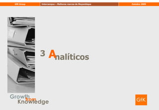 30Recolha de InformaçãoEntrevistas PresenciaisPara a implementação da 2ª Fase, os respondentes foram seleccionados através do método de quotas, com base numa matriz que cruzou as variáveis Sexo, Idade e Região. 	Assim, a partir de uma matriz inicial de cada cidade capital provincial, foram seleccionados aleatoriamente um número significativo de pontos de amostragem, onde foram realizadas as entrevistas, através da aplicação das quotas acima referidas. Em cada localidade, embora não existindo a aplicação do método de randomroute, existiram instruções que obrigaram o entrevistador a distribuir as entrevistas por toda a cidade. 	O cruzamento destas variáveis garantiu uma distribuição proporcional da amostra em relação à população Moçambicana em cada cidade capital provincial de Moçambique. As quotas foram definidas de acordo com aos dados do último Recenseamento Geral da População (2007) do Instituto Nacional de Estatística (I.N.E.).	A informação foi recolhida através de entrevista directa e pessoal com base em questionário elaborado pela Intercampus (com cerca de 60 perguntas e uma duração de cerca de 30 minutos), a partir dos objectivos enumerados.	Os trabalhos de campo foram realizados por 113 entrevistadores, recrutados e treinados pela Intercampus, que receberam uma formação adequada às especificidades deste estudo, através de instruções escritas e verbais.A recolha incidiu nos fins-de-semana e nos dias úteis entre as 8H e as 20H. 