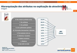 52Análise dos KeyDrivers52Percepção exagerada da importância dos atributosPercepção real da importância dos atributosQualidadeConfiançaBoa relação qualidade-preçoPara pessoas como euDinâmica/InovadoraModernaPromoções interessantes /AliciantesSolidez económicaImportância DeclaradaEstá na modaPublicidade apelativaPercepção subestimada da importância dos atributosPercepção real da pouca importância dos atributosMédia da marcaImportância Calculada