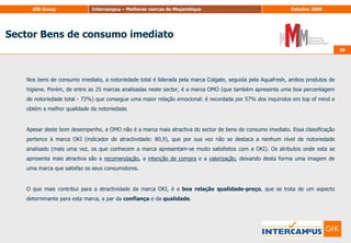 56Sector Bebidas56No sector das bebidas verifica-se que, no ranking da notoriedade total, são as marcas Amarula, Fanta e Laurentina que obtêm melhores resultados. Contudo, não são as que têm uma melhor relação emocional com os inquiridos: este lugar pertence à bebida 2M que apresenta um nível de recordação top-of-mind bastante elevado (face à média do sector) e consequentemente tem uma qualidade de recordação bastante acima das outras marcas.Relativamente à marca mais atractiva deste sector, curiosamente nenhuma das anteriores ocupa este lugar. O topo do ranking de atractividade é ocupado pela Coca Cola e pela Ceres (em simultâneo, indicador de atractividade: 73), marcas que apesar de não apresentarem níveis de notoriedade muito elevados, para quem as conhece são muito apelativas. São marcas pelas quais não se importavam de pagar um pouco mais, marcas que tencionam continuar a consumir e por quem têm empatia.Os aspectos determinantes para estas marcas são a qualidade, confiança e boa relação qualidade-preço, sendo que para a Coca Cola a qualidade e a confiança são os mais importantes e para a Ceres destaca-se sobretudo a relação qualidade-preço. Em ambos os casos, estes aspectos estão bem avaliados e por isso representam pontos fortes das marcas. Porém, se as marcas conseguirem obter melhores níveis de notoriedade, têm maior probabilidade de vir a conseguir mais consumidores  talvez fosse positivo trabalhar a notoriedade das marcas, através de publicidade apelativa e de promoções aliciantes, que por sua vez é um ponto fraco da marca Coca Cola. 