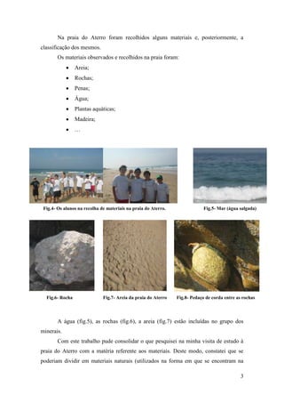 Na praia do Aterro foram recolhidos alguns materiais e, posteriormente, a
classificação dos mesmos.
       Os materiais observados e recolhidos na praia foram:
                 Areia;
                 Rochas;
                 Penas;
                 Água;
                 Plantas aquáticas;
                 Madeira;
                 …




 Fig.4- Os alunos na recolha de materiais na praia do Aterro.                Fig.5- Mar (água salgada)




  Fig.6- Rocha                Fig.7- Areia da praia do Aterro   Fig.8- Pedaço de corda entre as rochas




       A água (fig.5), as rochas (fig.6), a areia (fig.7) estão incluídas no grupo dos
minerais.
       Com este trabalho pude consolidar o que pesquisei na minha visita de estudo à
praia do Aterro com a matéria referente aos materiais. Deste modo, constatei que se
poderiam dividir em materiais naturais (utilizados na forma em que se encontram na

                                                                                               3
 