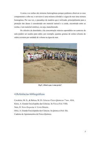 A areia e as rochas são misturas heterogéneas porque podemos observar os seus
componentes a olho nu; o nevoeiro é uma mistura coloidal e a água do mar uma mistura
homogénea. Por sua vez, o passadiço de madeira que é utilizado, principalmente para a
proteção das dunas é considerado um material natural e a corda, encontrada entre as
rochas, é um material sintético, ou seja, manufaturado.
       Os cálculos da densidade e da concentração mássica aprendidos no contexto de
aula podem ser usados para saber, por exemplo, quantas gramas de soluto (cloreto de
sódio) existem por unidade de volume na água do mar.




                              Fig.9: Afinal o que é uma praia?




4.Referências bibliográficas:

Cavaleiro, M. G., & Beleza, M. D. Ciências Físico-Químicas 7ºano. ASA.
Klein, A. Grande Enciclopédia das Ciências. In Física (Vol. VIII).
Neto, H. Novo Despertar 4. Livro Directo.
Ortiz, A. Grande Enciclopédia das Ciências. In Química (Vol. IX).
Caderno de Apontamentos de Físico-Química




                                                                                   5
 