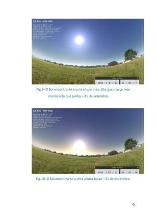 Fig.9- O Sol encontra-se a uma altura mais alta que março mas
        menos alta que junho – 21 de setembro.




Fig.10- O Sol encontra-se a uma altura baixa – 21 de dezembro.




                                                                 9
 